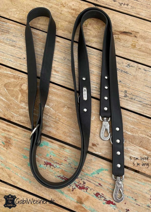 Hundeleine aus Leder 3 cm breit 3m lang Schwarz Edelstahl Karabiner