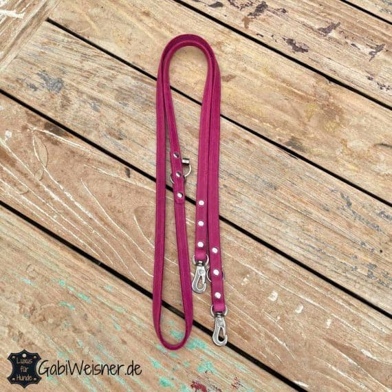 Hundeleine aus Leder in Pink, 15 mm breit, kleine Karabiner.