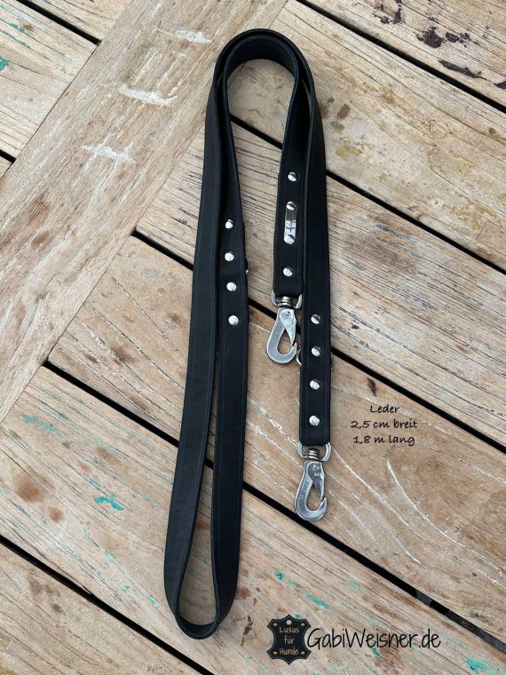 Hundeleine Leder, 25 mm breit, 2-fach verstellbar, Edelstahl Karabiner
