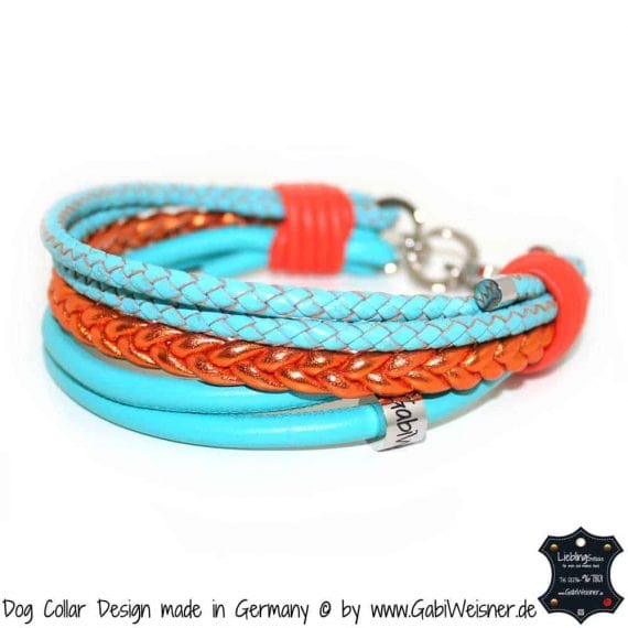 Hundehalsband Leder Mix in Tuerkis und Orange.