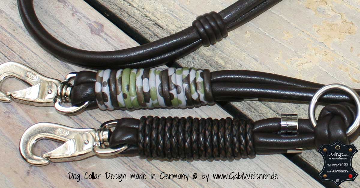Hundeleine Leder Braun / Camouflage Führleine Leder verstellbar