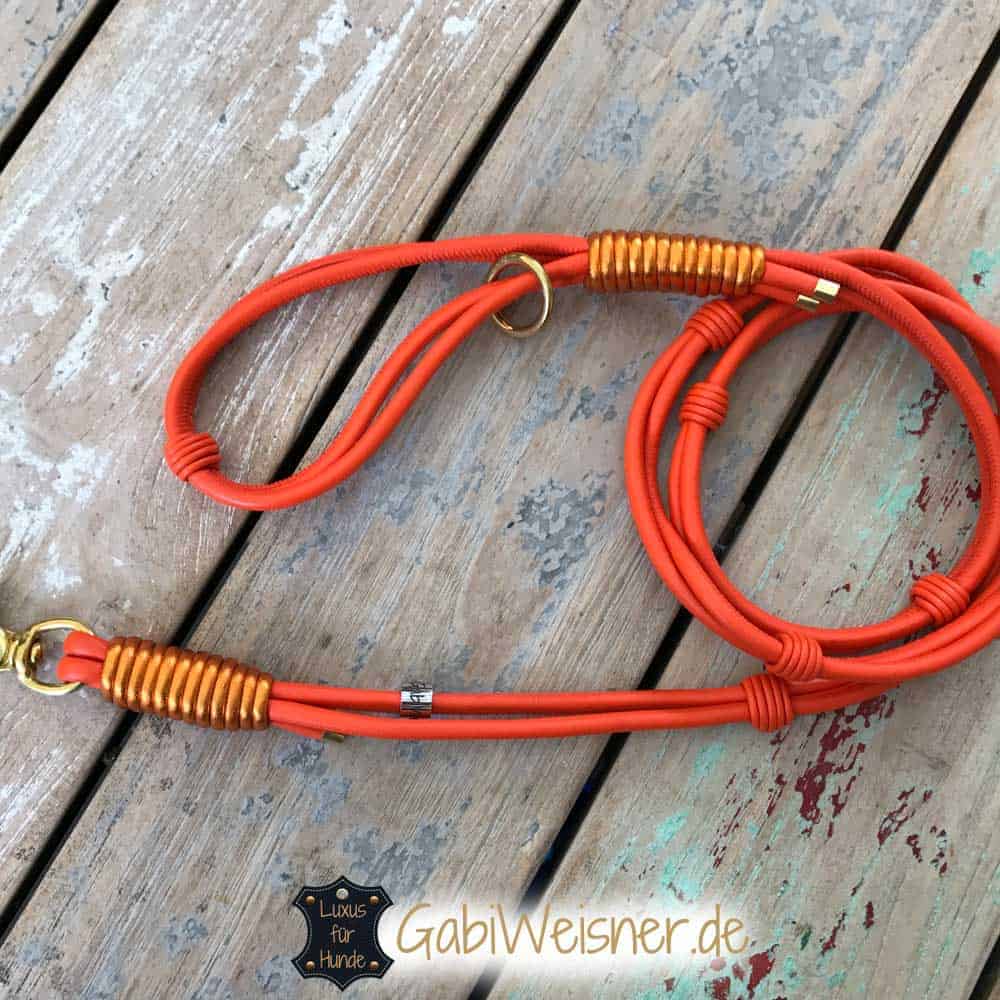 Luxus Hundeleine mit Handschlaufe, Nappaleder im Doppelstrang, Leder Mix in Orange