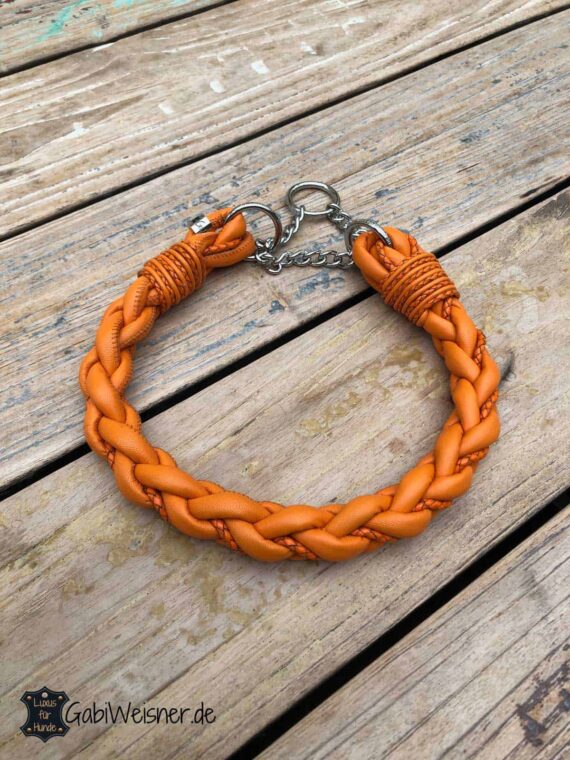 Halsband Leder rund geflochten in Orange mit Zugstoppkette. Für große Hunde