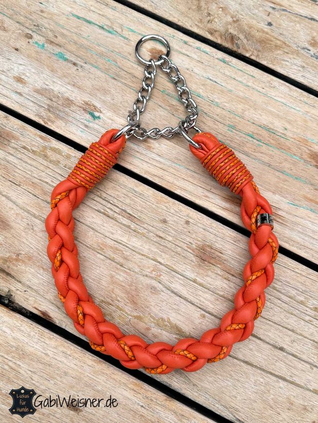 Hundehalsband aus Leder in Orange rund geflochten