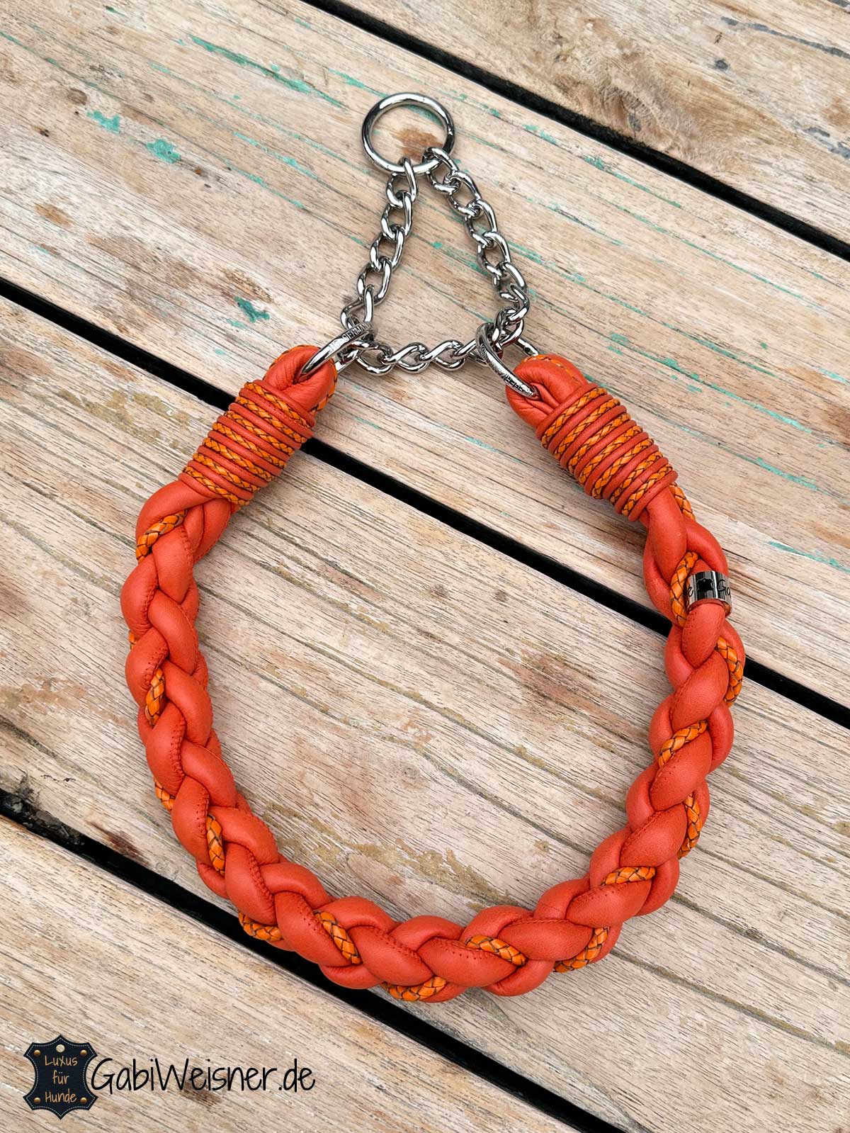 Hundehalsband aus Leder in Orange rund geflochten