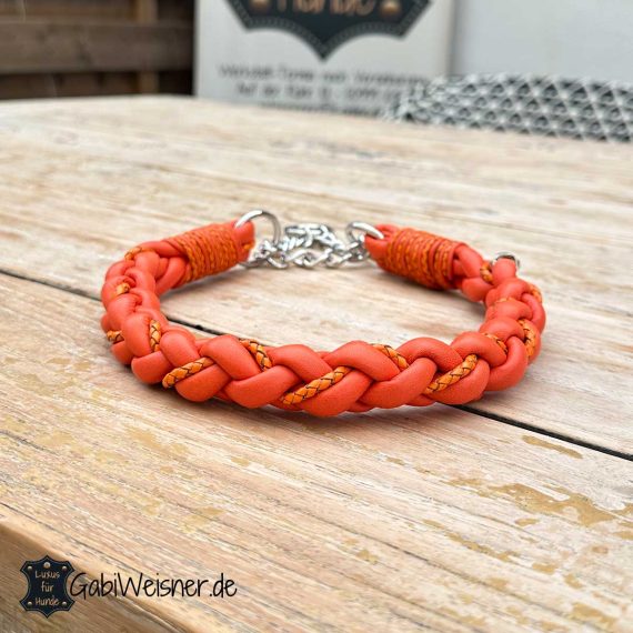 Hundehalsband aus Leder in Orange rund geflochten