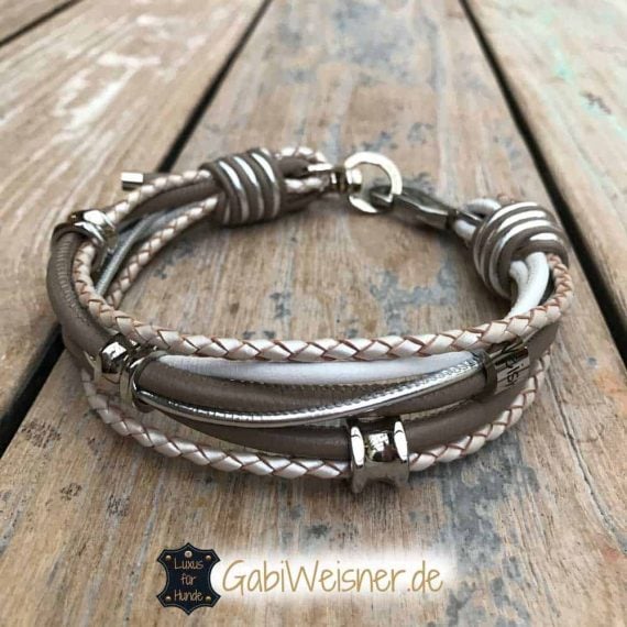 Luxus Hundehalsband für kleine Hunde, Taupe – Silber