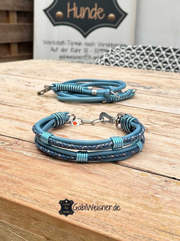 Hundehalsband SET aus Nappaleder in Hellblau