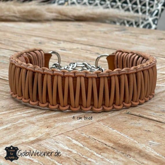 Hundehalsband Leder 4 cm breit Zugstopp Cognac Mandel