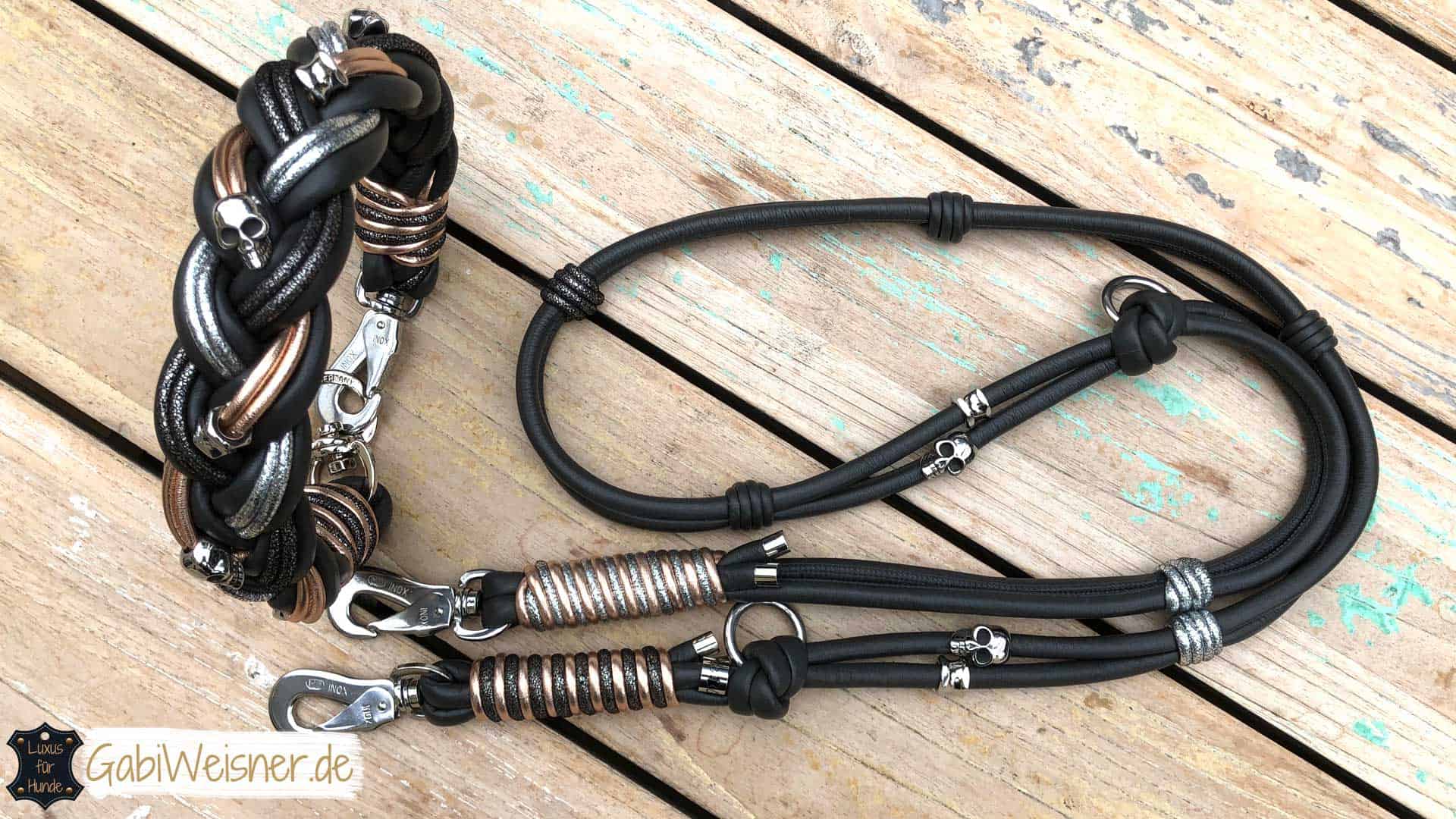 Luxus Hundehalsband und Leine Luxus Hundehalsband und Leine, dekoriert mit Totenkopf und Ohrtunnel