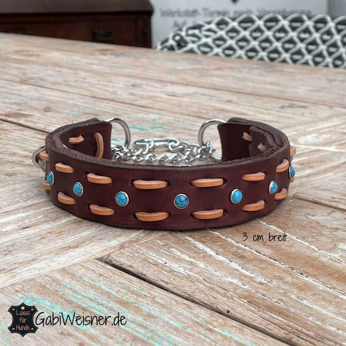 Hundehalsband mit Zugstopp, Leder 3 cm breit, 3 Farben, Indianer-Look.