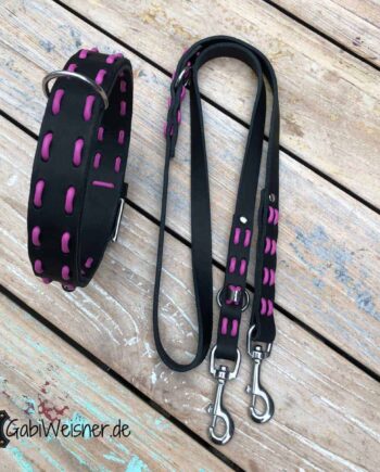 Hundehalsband und Leine Leder in Schwarz - Candy kombiniert mit Edelstahl. Starker Halt für mittelgroße und große Hunde.