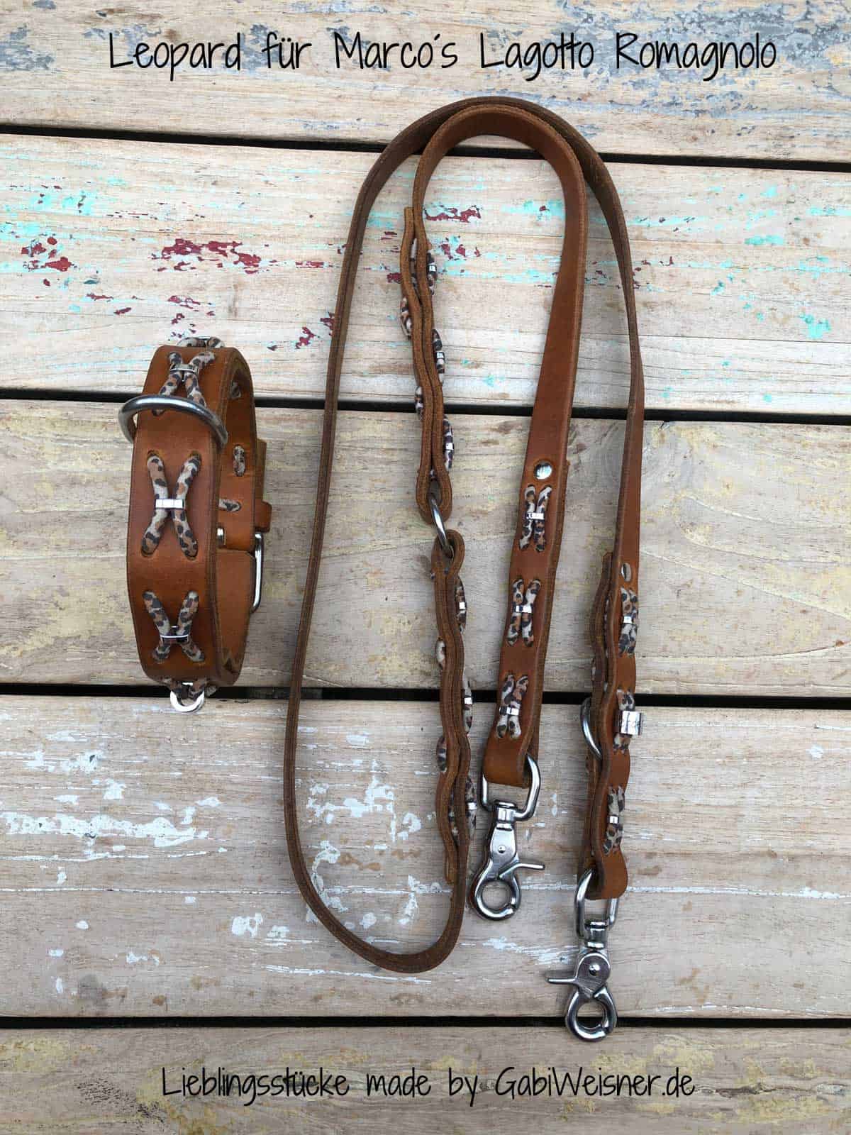 Fettleder Hundehalsband und Leine. Kreuze mit Leopard Velourslederband