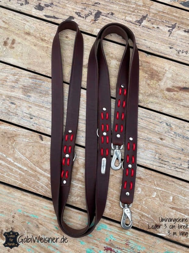 Hundeleine Umhängeleine Leder 3 cm breit 3 m lang Braun Rot.