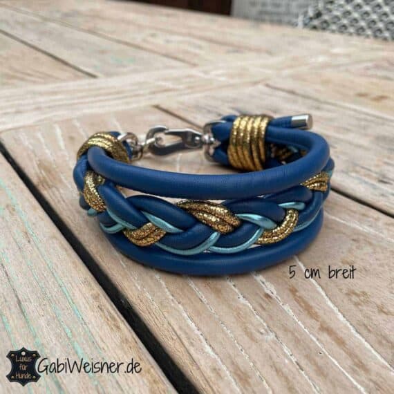 Windhundhalsband, Hundehalsband Leder 5 cm breit geflochten Blau Gold sprenger Haken