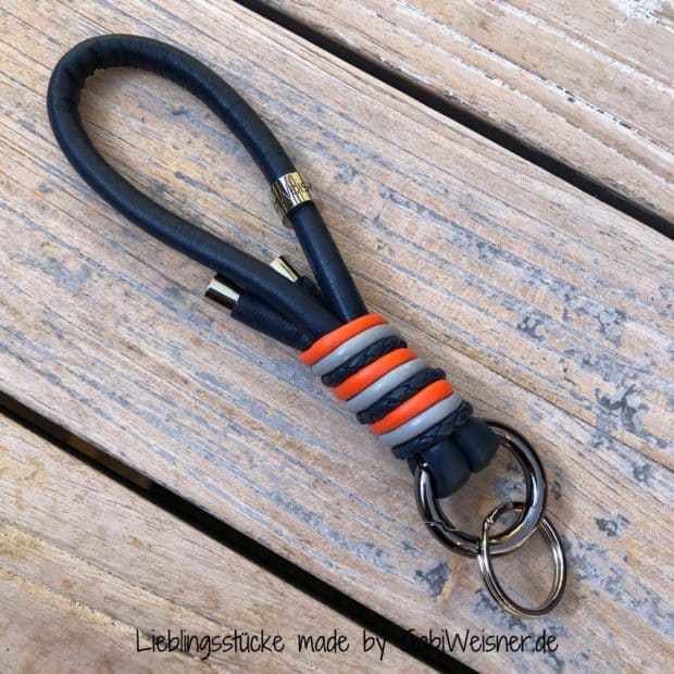 Schlüsselband Leder in Blau, Grau, Orange