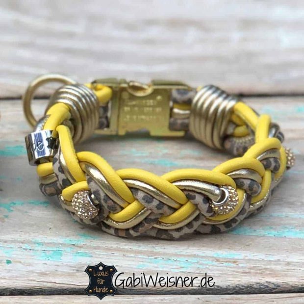 Mini Hundehalsband aus Leder in Gelb, Gold und Leopard-Print.