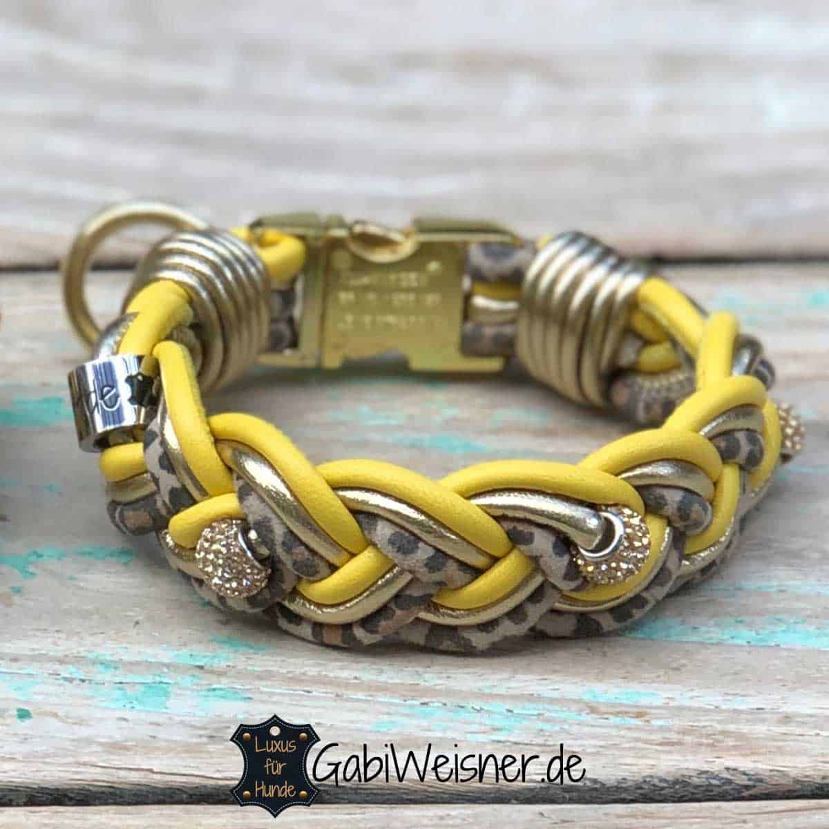 Mini Hundehalsband aus Leder in Gelb, Gold und Leopard-Print.