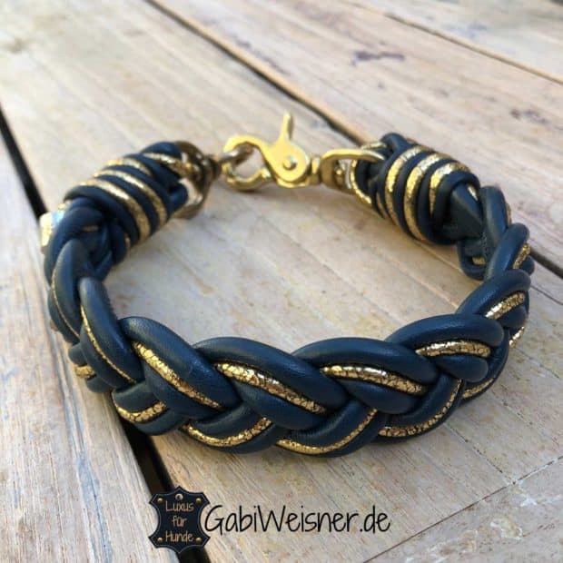Hundehalsband geflochten 3 cm breit Leder Mix in Blau Gold
