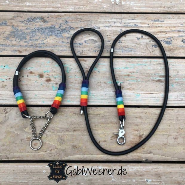 Hundehalsband Leine SET Leder in Schwarz mit Regenbogen-Umwicklung