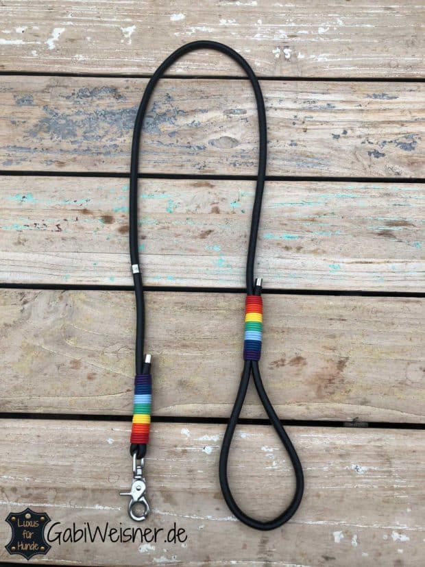 HundeLeine Leder in Schwarz mit Regenbogen-Umwicklung