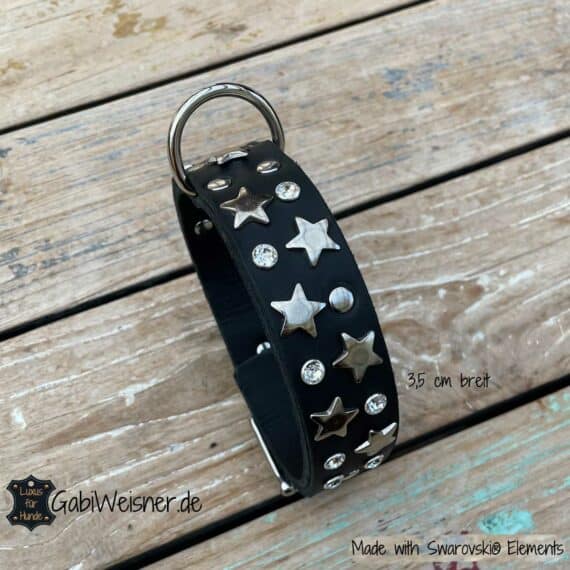 Hundehalsband Made with Swarovski Elements und Sternen Leder 35 mm breit