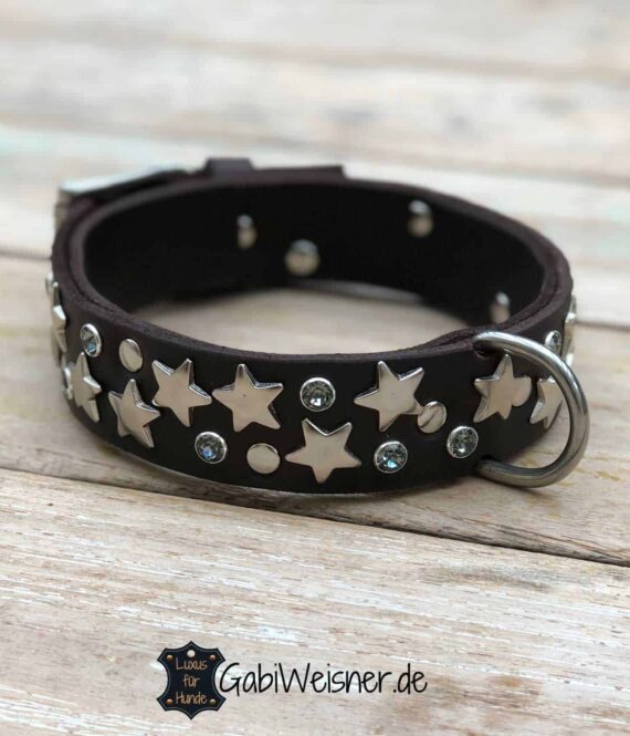 Hundehalsband mit Glitzer Sternen Leder in Braun oder Schwarz
