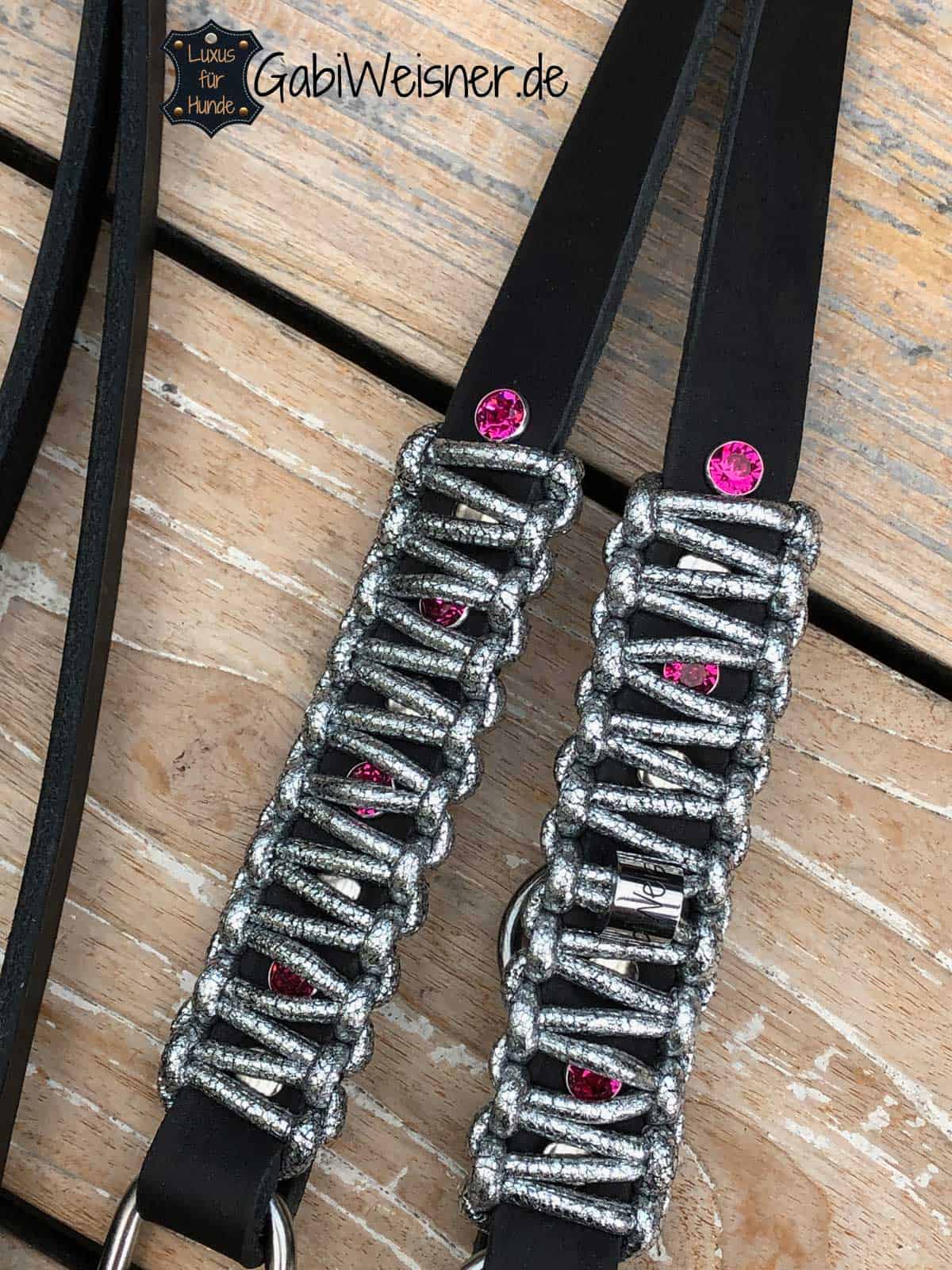 LUXUS Halsband und Leine Leder in Silber, Schwarz und Pink