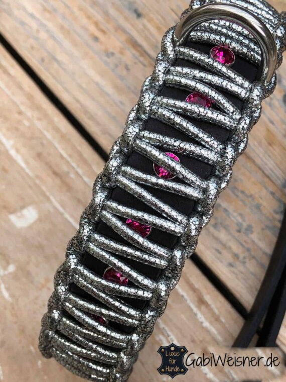 LUXUS Halsband und Leine Leder in Silber, Schwarz und Swarovski in Pink