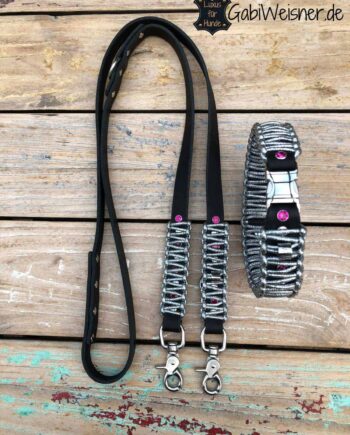 LUXUS Halsband und Leine Leder in Silber, Schwarz und Swarovski in Pink