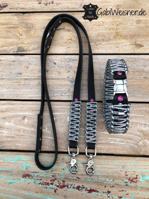 LUXUS Halsband und Leine Leder in Silber, Schwarz und Swarovski in Pink