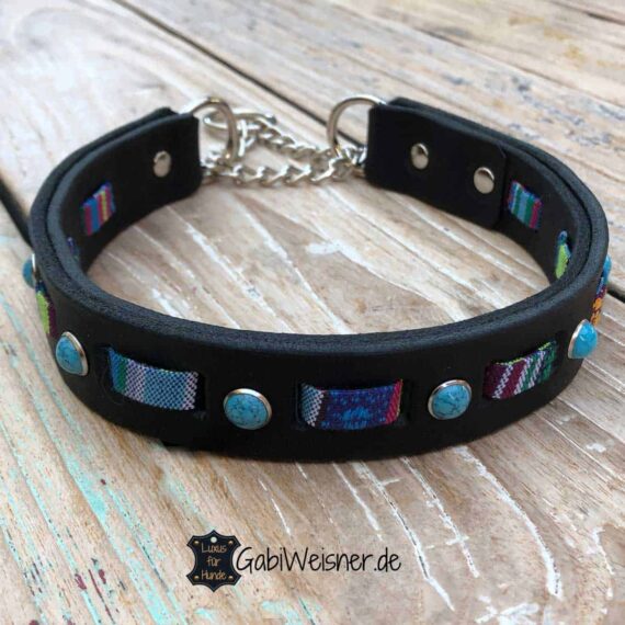 Hundehalsband im Hippie Look mit Zugstopp Leder 3 cm breit