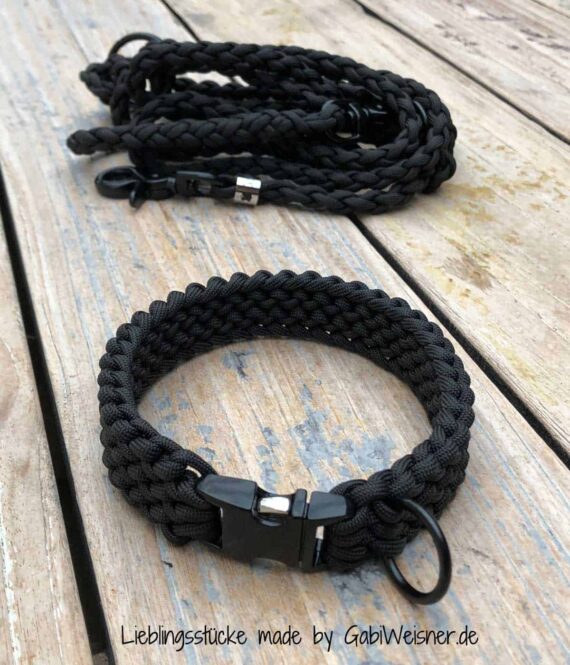 Halsband und Leine für kleine Hunde. Beschlag und Paracord in Schwarz