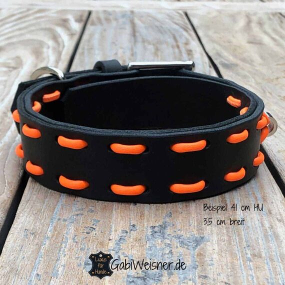 Hundehalsband Schwarz Orange Leder verstellbar 3,5 cm breit