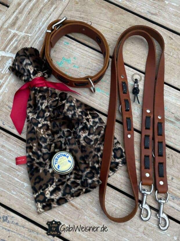 Hundehalsband und Leine aus Leder Cognac Schwarz