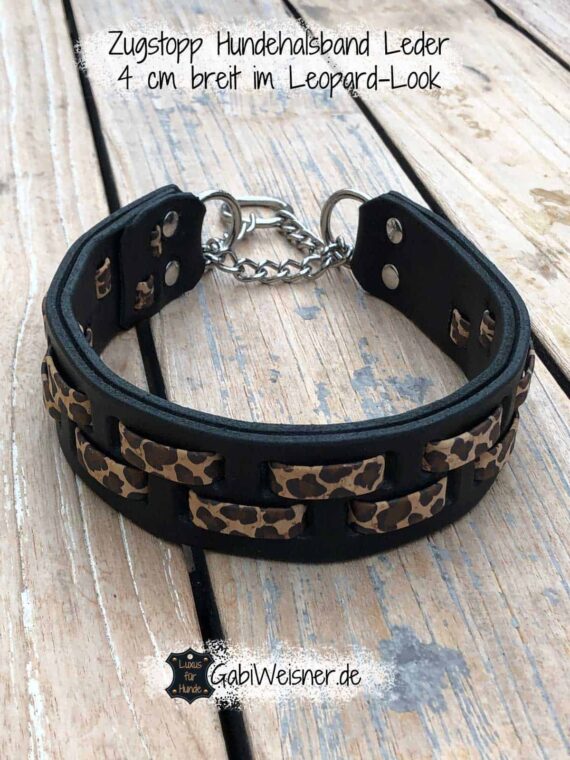 Zugstopp Hundehalsband Leder 4 cm breit im Leopard-Look