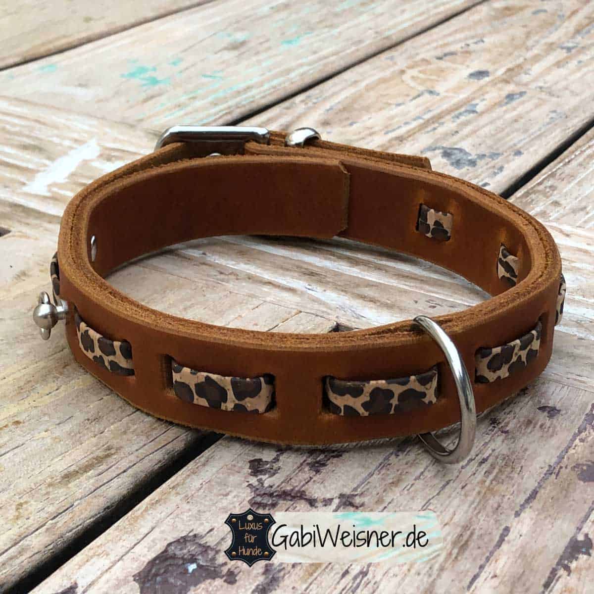 Hundehalsband aus Leder 25 mm breit, mit Leopard.