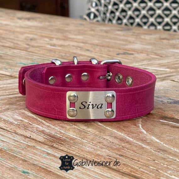 Einfaches Hundehalsband mit Namensschild aus Edelstahl, Leder in Pink und 3 cm breit.