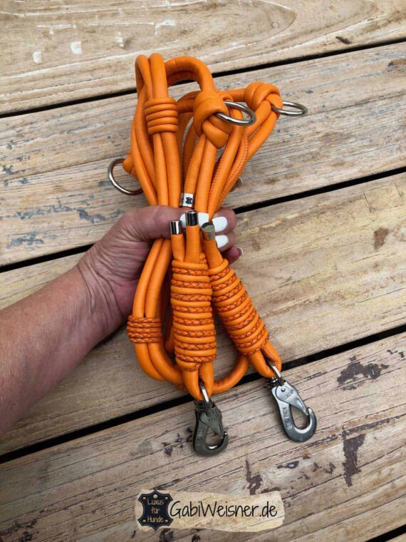 Hundeleine Leder in Orange, Doppelstrang mit je 8 mm für große Hunde