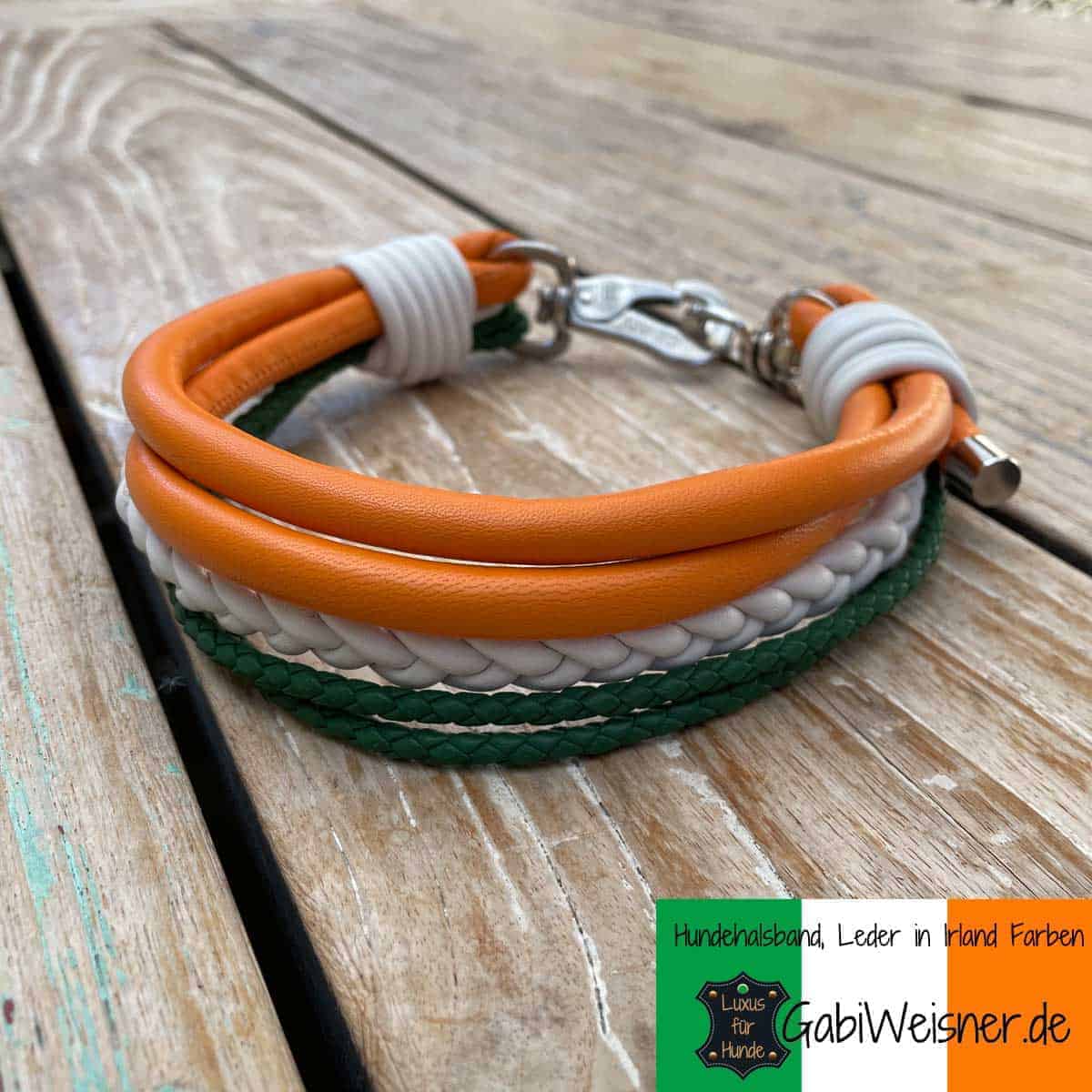 Hundehalsband Irland Farben, Leder in Grün Weiß Orange