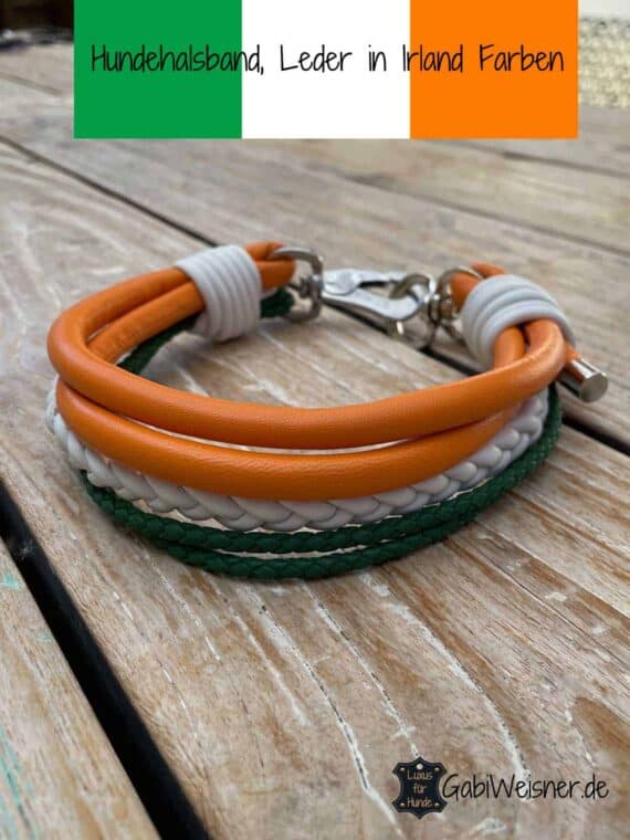 Hundehalsband Irland Farben, Lederbänder in Grün Weiß Orange