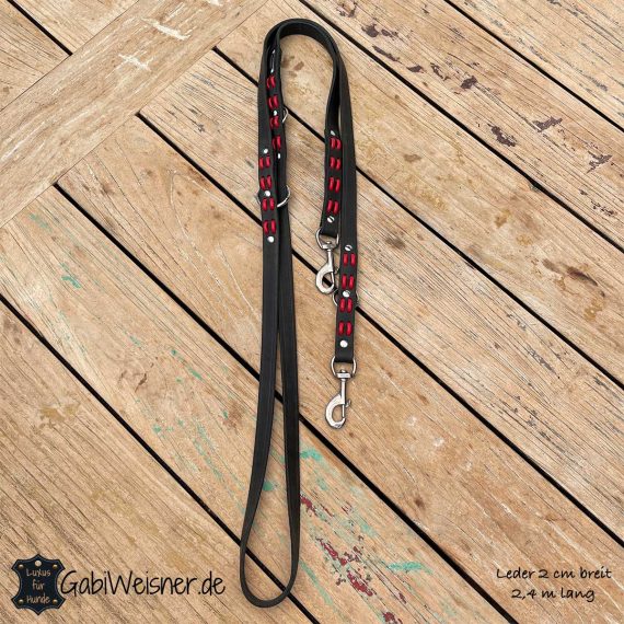 Hundeleine aus Leder in Schwarz und Rot, 2 cm breit 2,4 m lang.