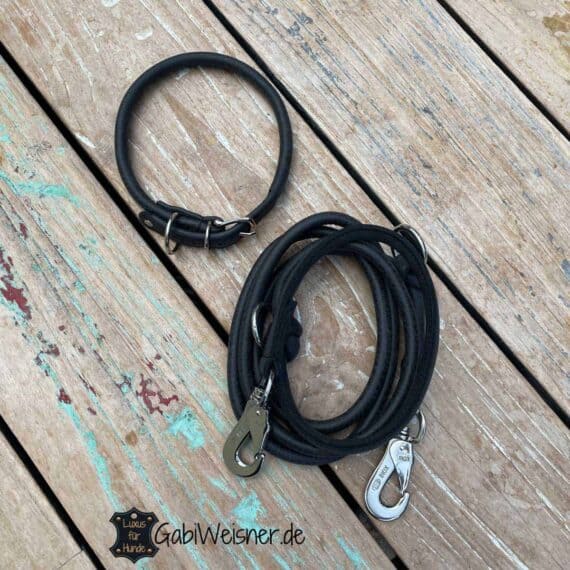 Hundehalsband und Leine Leder rund 8 mm dick, Schwarz, sofort lieferbar