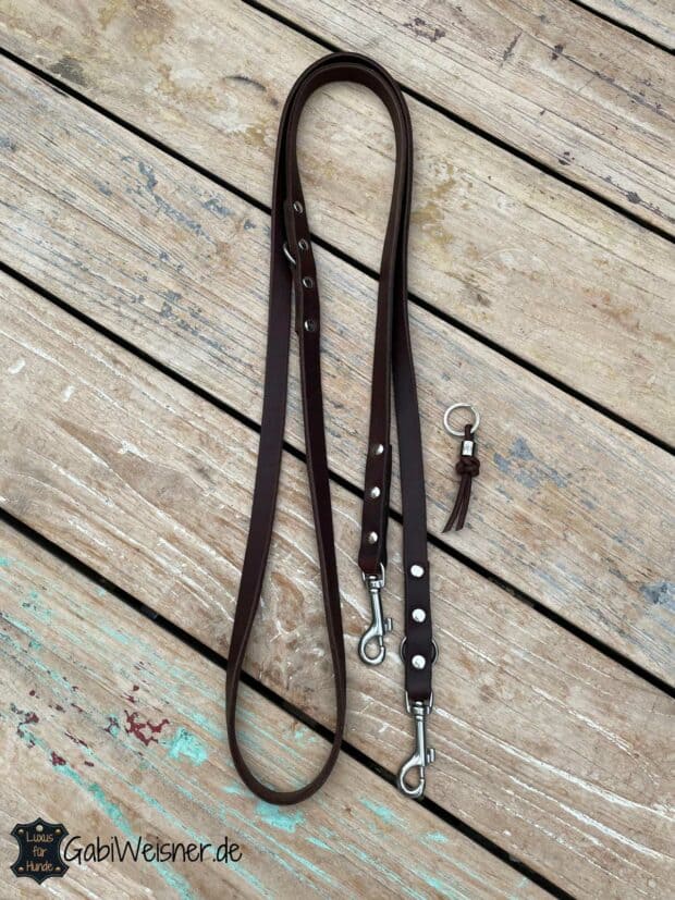 Hundeleine Leder 15 mm breit, kleine Edelstahl Karabiner, braun