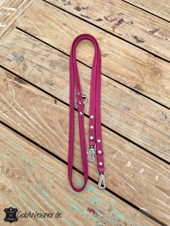 Hundeleine Leder 15 mm breit, kleine Edelstahl-Karabiner, Leder in Pink