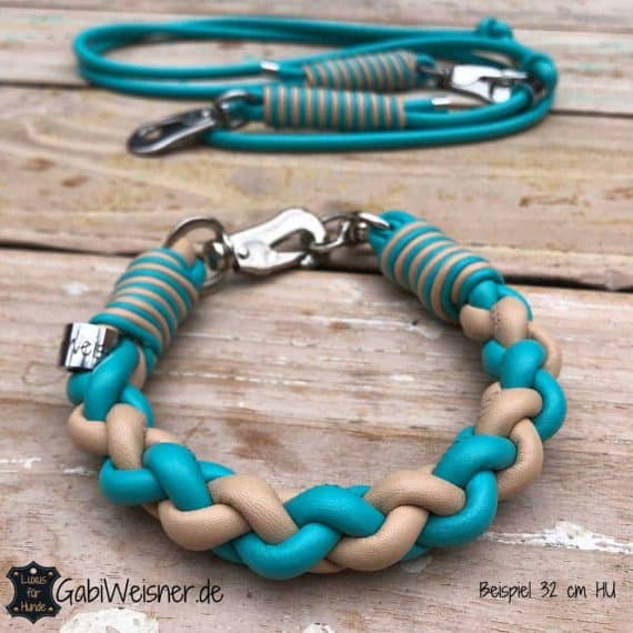 Hundehalsband und Leine aus Leder in Türkis – Beige, Karabiner für kleine Hunde.