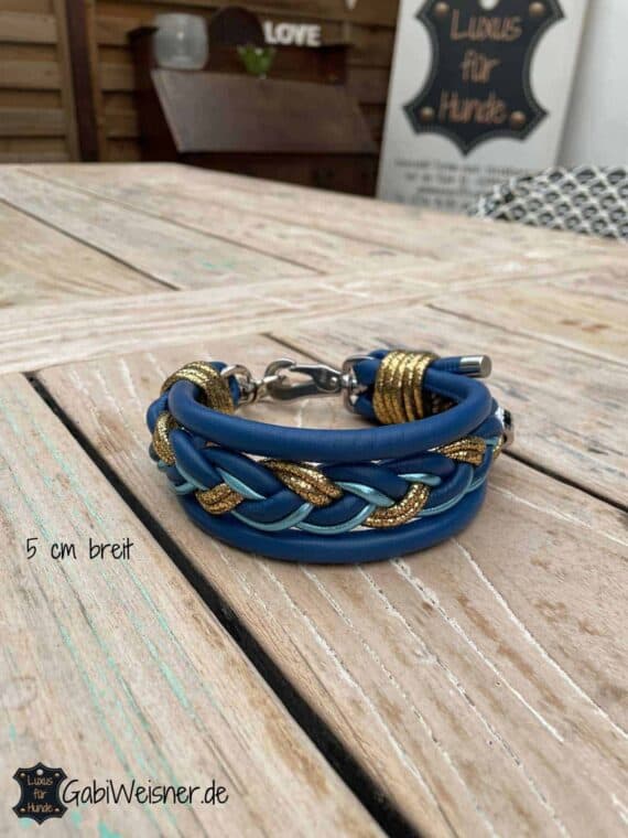 Windhundhalsband Hundehalsband Leder 5 cm breit geflochten Blau Gold sprenger Haken