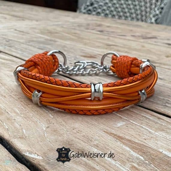 Luxus Hundehalsband, Leder, Orange, 5 Ohr-Tunnel, für große Hunde.