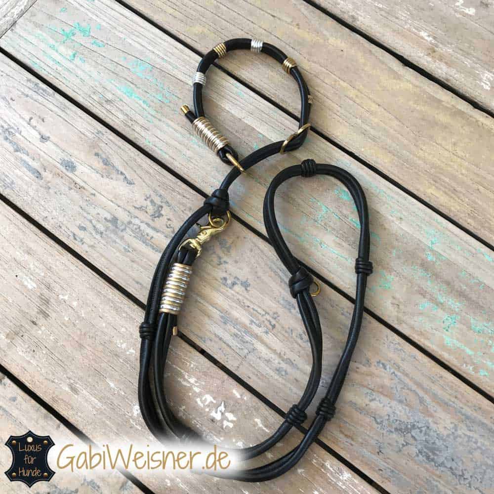 Luxus Retrieverleine aus Leder in Schwarz, Halsband mit Zugstopp