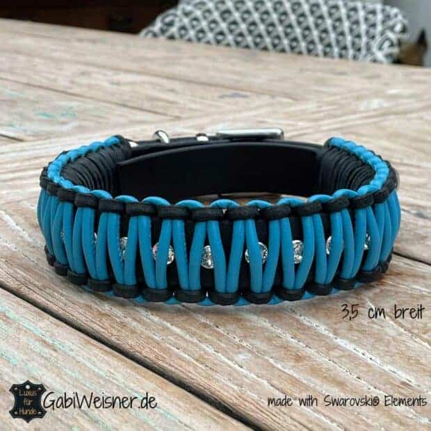 Hundehalsband aus Leder mit Strass, Knotenmuster in Blau-Türkis